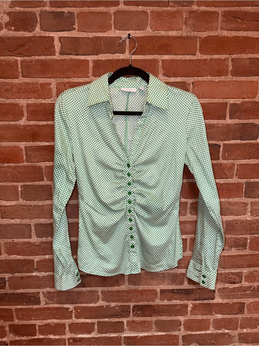 New York & Company Mint Green Geometric Ruched Button-Down Shirt